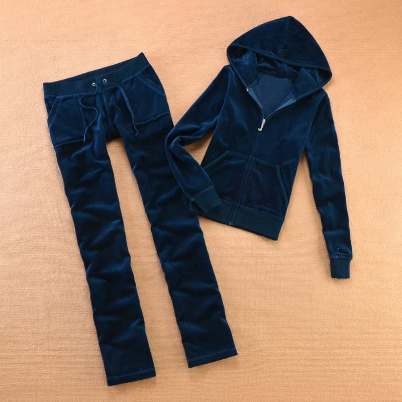 Solid Color Velvet Tracksuit For Women Two Piece Spring Women's Sweatshirt and Trousers Set