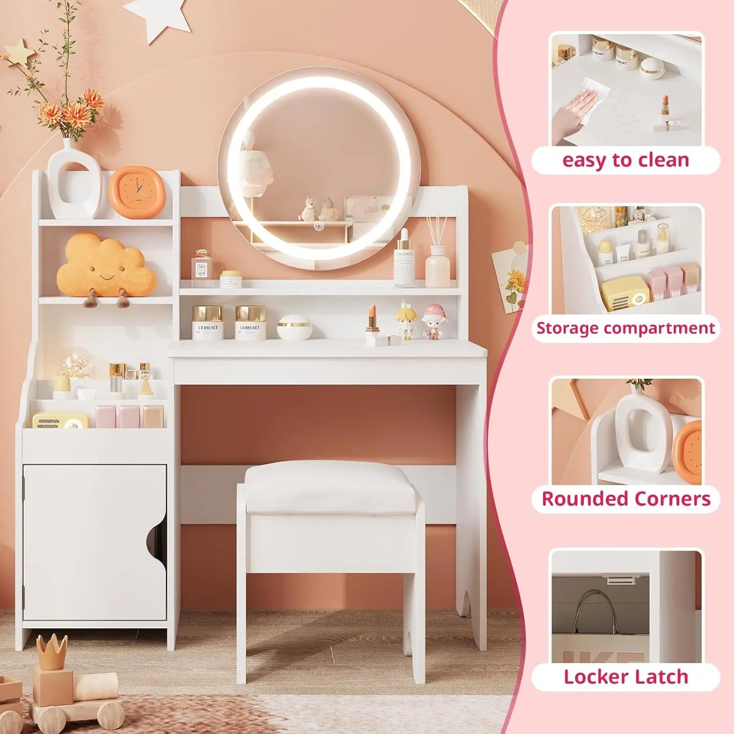 Kids Vanity Desk with Lights Mirror Makeup Vanity Table with Storage Cabinet & Shelves Pink Vanity Set with Chair for Girl