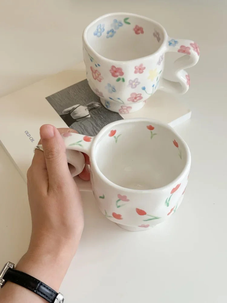 Ceramics Mug Cute Flower Pattern High Footed