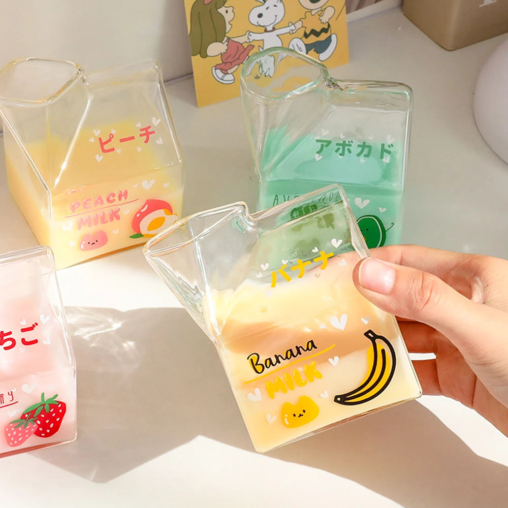 Kawaii Square Milk Carton Glass Cup Heat Resistant Cute Strawberry Peach Breakfast Cup Pudding Cup 380ml