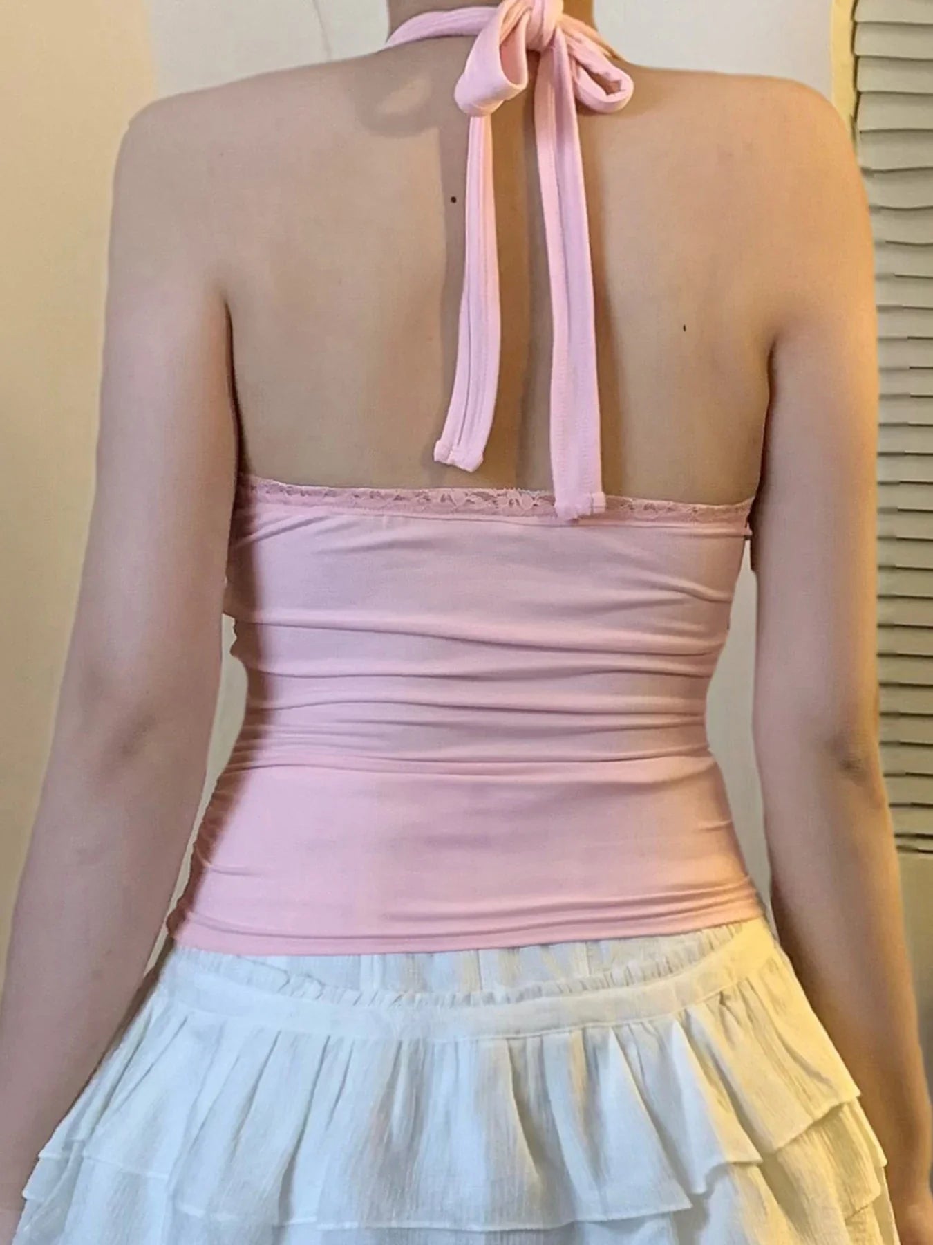 Sweet Embroidery Lace Trim Halter Tops Holiday Deep V-Neck Sleeveless Tank Tops