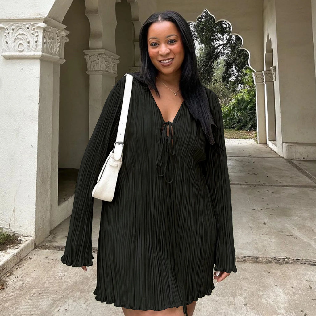 Long Sleeve Women V-neck Pleated Dress Casual Streetwear Plus Size Mini Dresses Party Casual