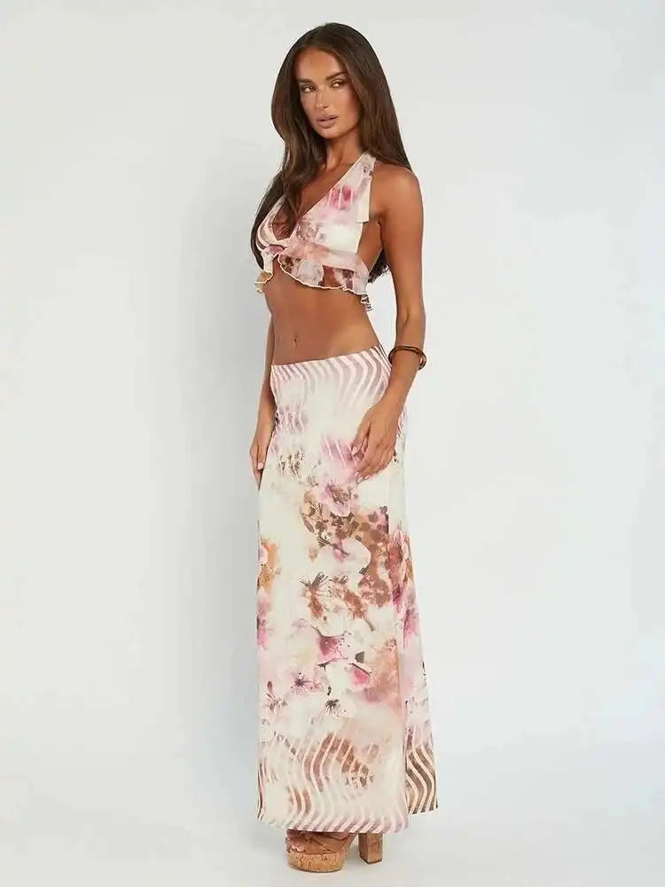 Sexy Party Two Piece Set Deep V Crop Top Midi Skirts Bodycon 2 Pieces Set