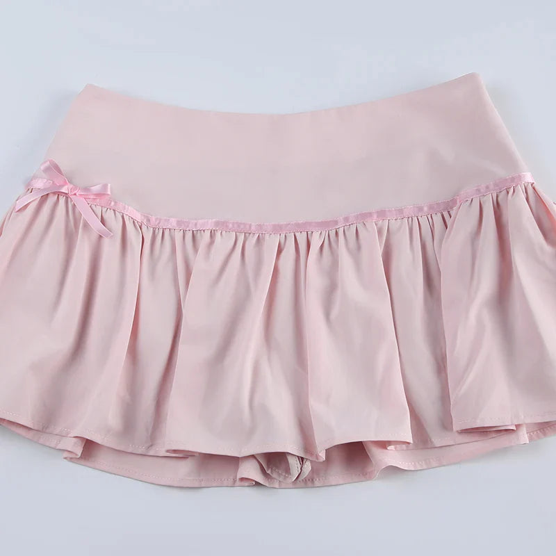 Hot-sweet Pink Spliced Summer Mini Skirt Bow Fashion Cute Folds A-Line Women Skirts Coquette Clothes