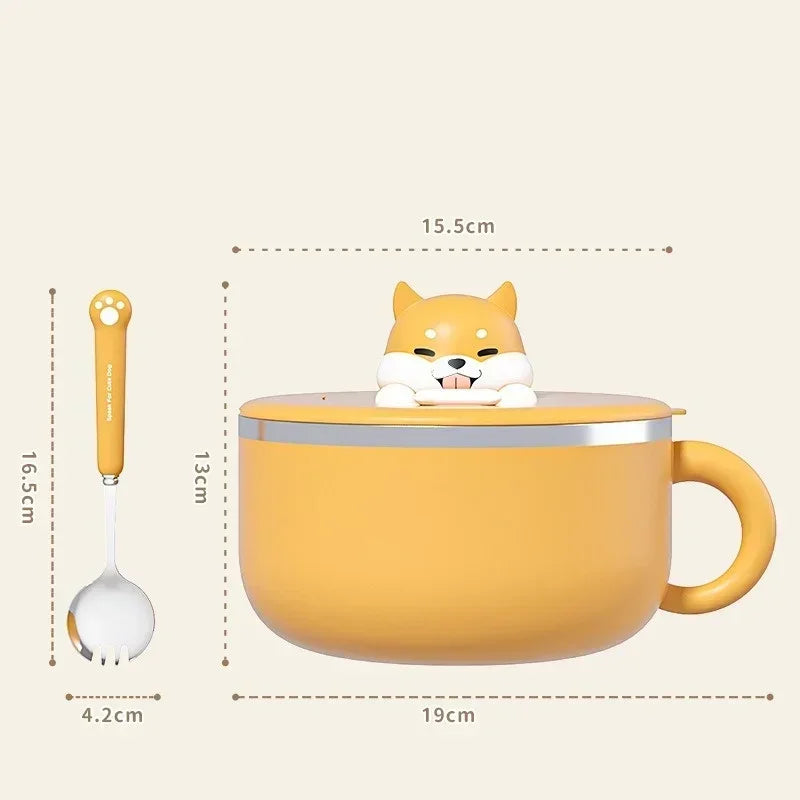 Ramen Bowl with Lid Cute Shiba Inu Stainless Steel Instant Noodle Cooker with Water Filter Cover Kitchen Accessories 1200ml