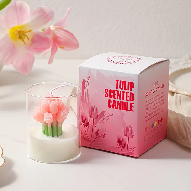 Lover's Handmade Flower Shaped Soy Wax Scented Candle Fruity Fragrance for Atmosphere & Gift Box Tulip & Fruit Pattern