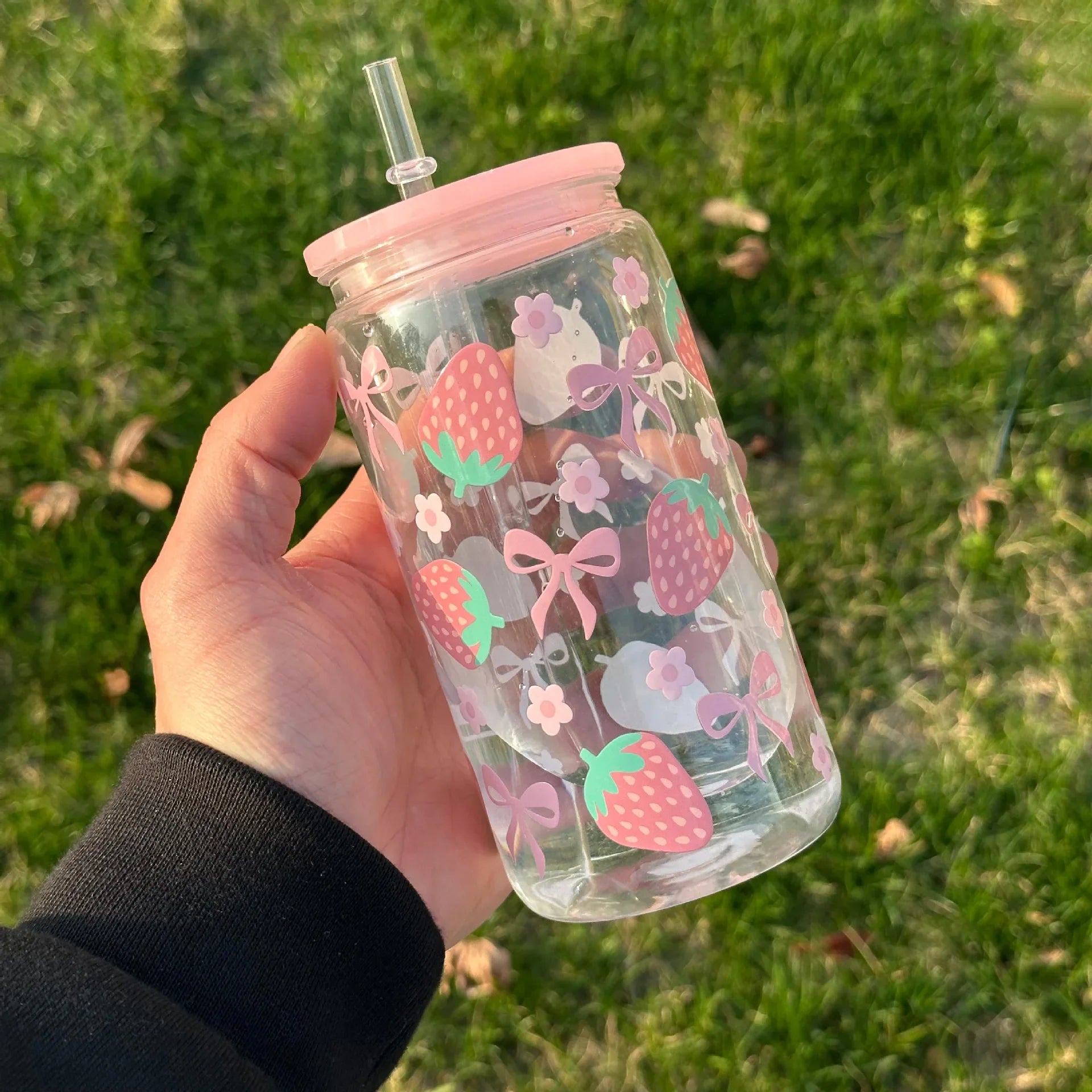 Cute Bow Glass Cup Tumbler Mason Jar Shaped With Lids & Straw