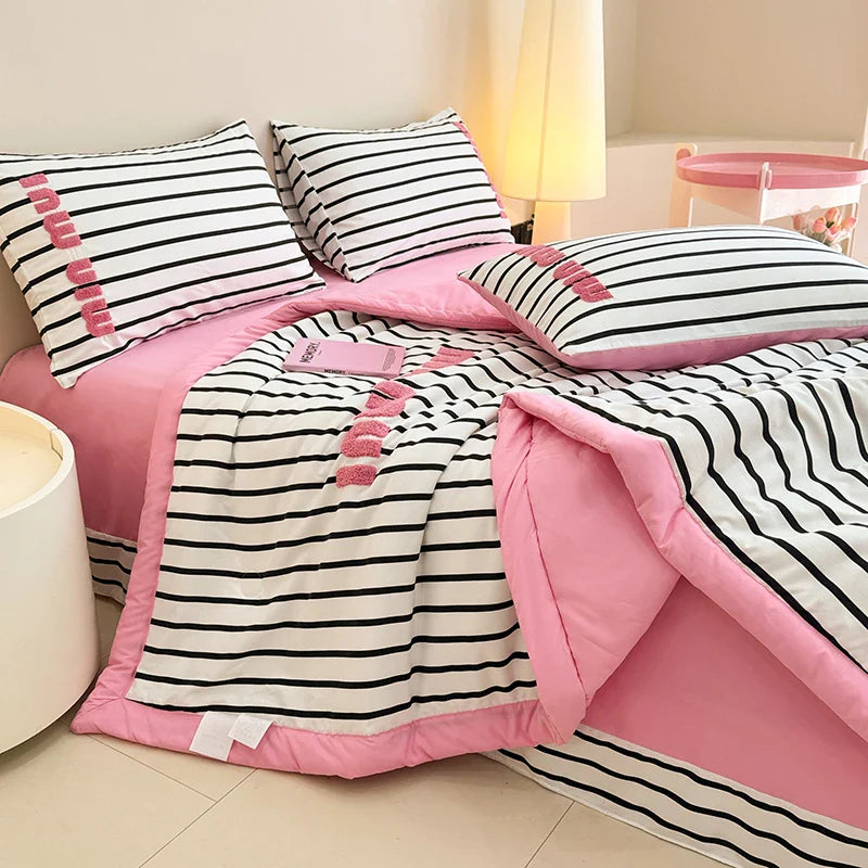 Stripe Quilt set Pink And White Bedding Set with Flat Sheet Set Soft  Fluffy Embroidery Quilt Set
