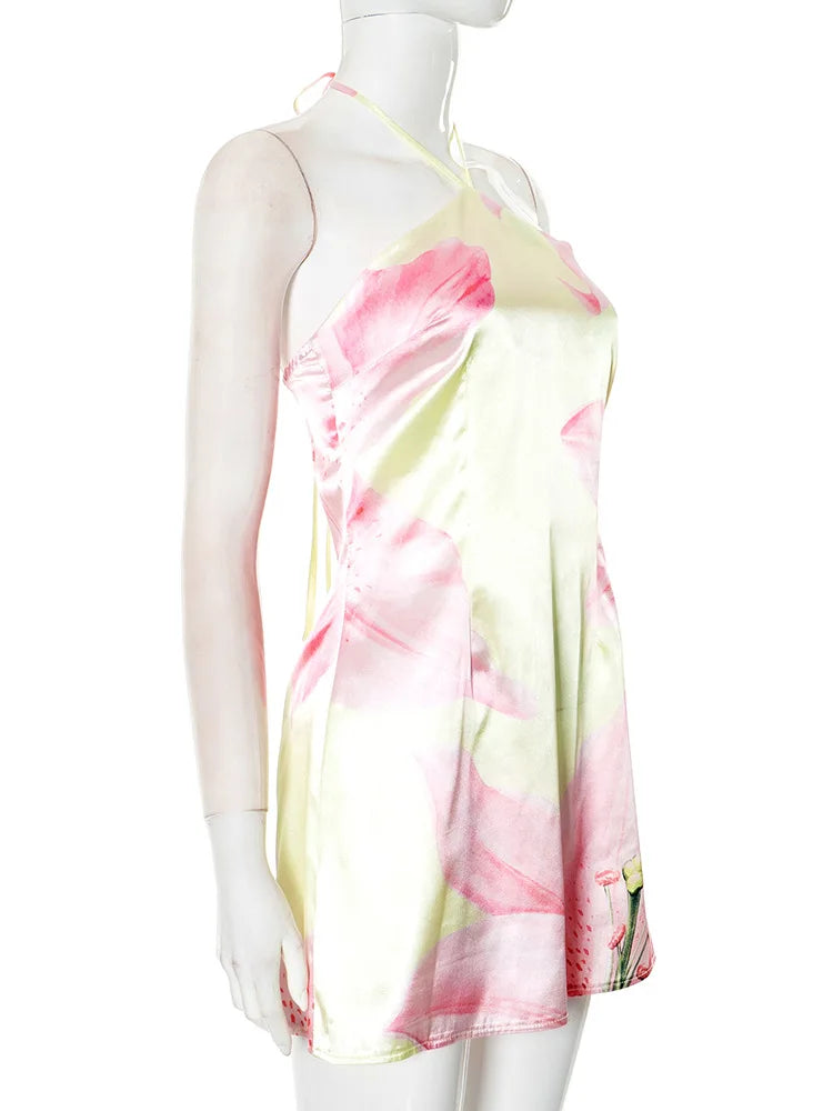 Halter Contrast Print Lace Up Fashion Slim Mini Dress A-line Dress