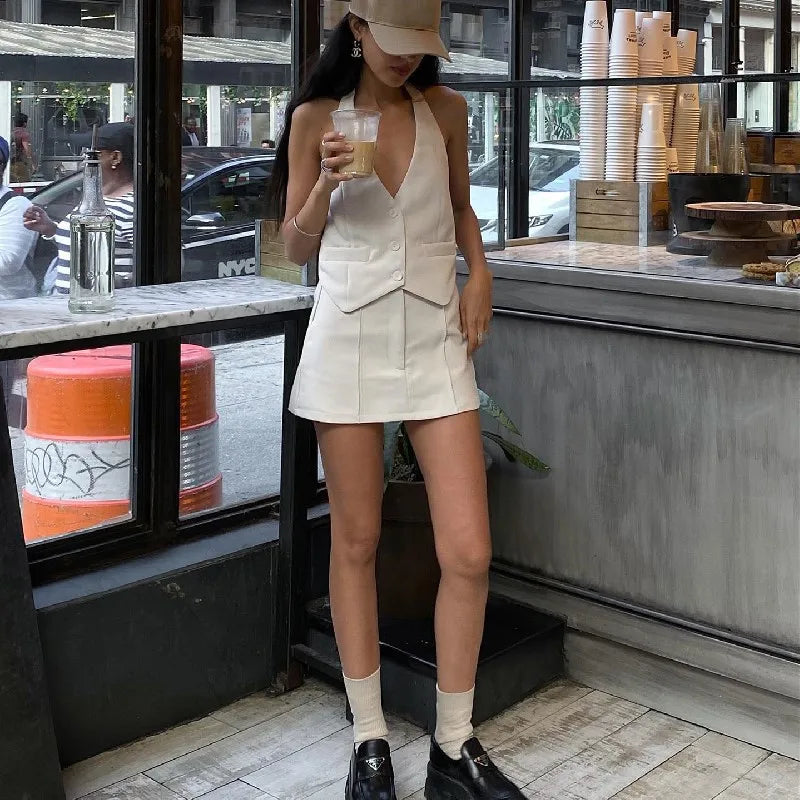 V-neck Sleeveless Suit Tank Top With High-waist Bodycon Hip Skirt Streetwear Retro Women 2 Piece Sets