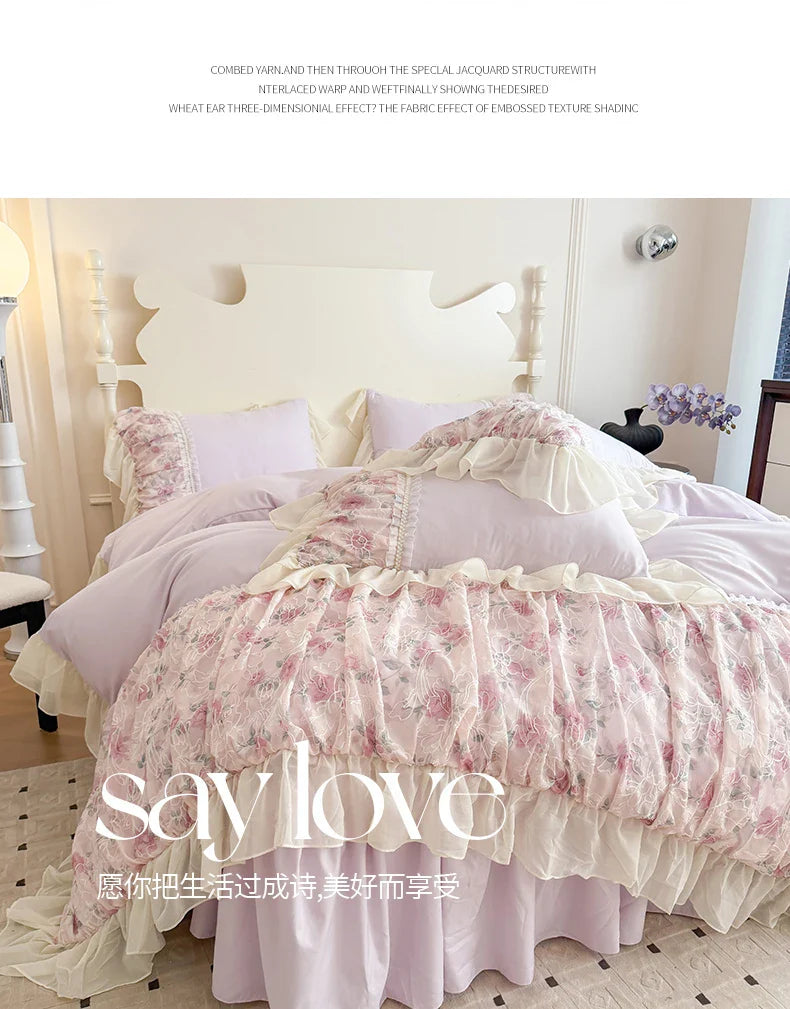 Princess Style Duvet Cover Sets with Lace Embroidery Bed Cover for Girls Queen/King Size Soft Pink Bedding with Ruffles