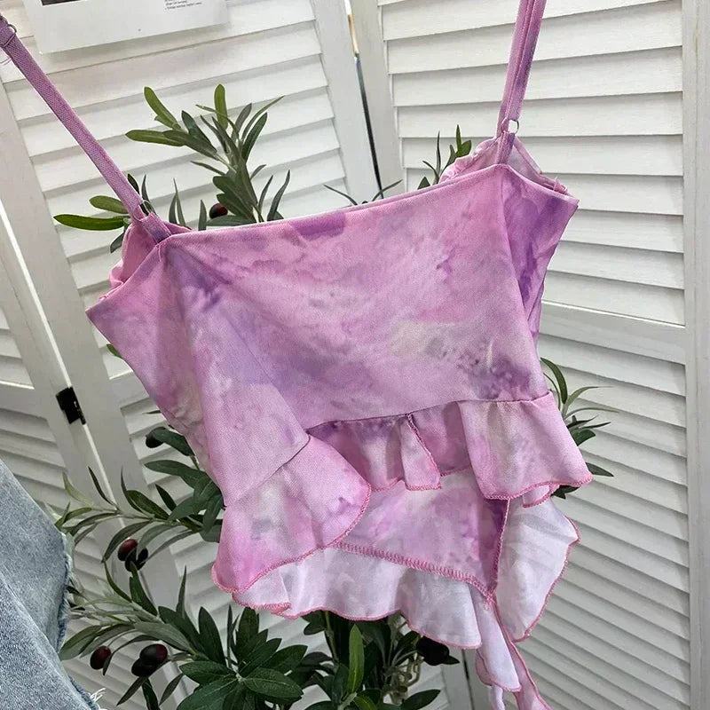 Girls Sweet Ruffles Mesh Camisole Top Lady Camis Sleeveless Printed Floral T shirts Stretch Slim Tanks For Slim Women