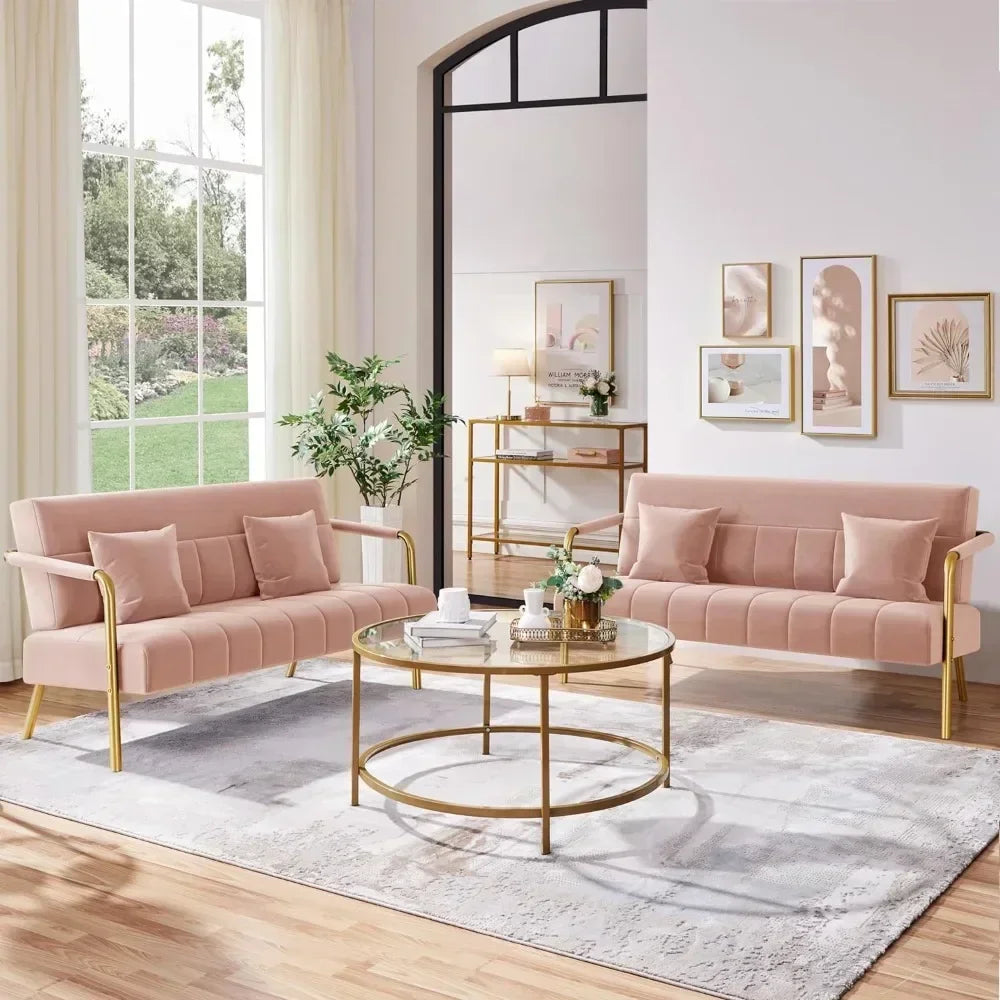Modern Loveseat 2 Seater Sofa Luxurious Velvet Fabric Couch with Gold-Tone Metal Arms and Legs for Bedroom, Studio Pink 56.5" W