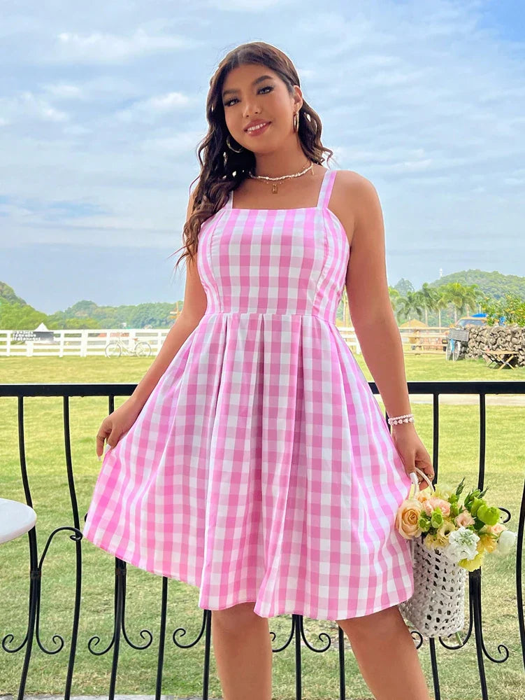 Plus Size Women's Summer New Plaid Smock Dress Sling Square Neck Dress Polyester Best for Summer