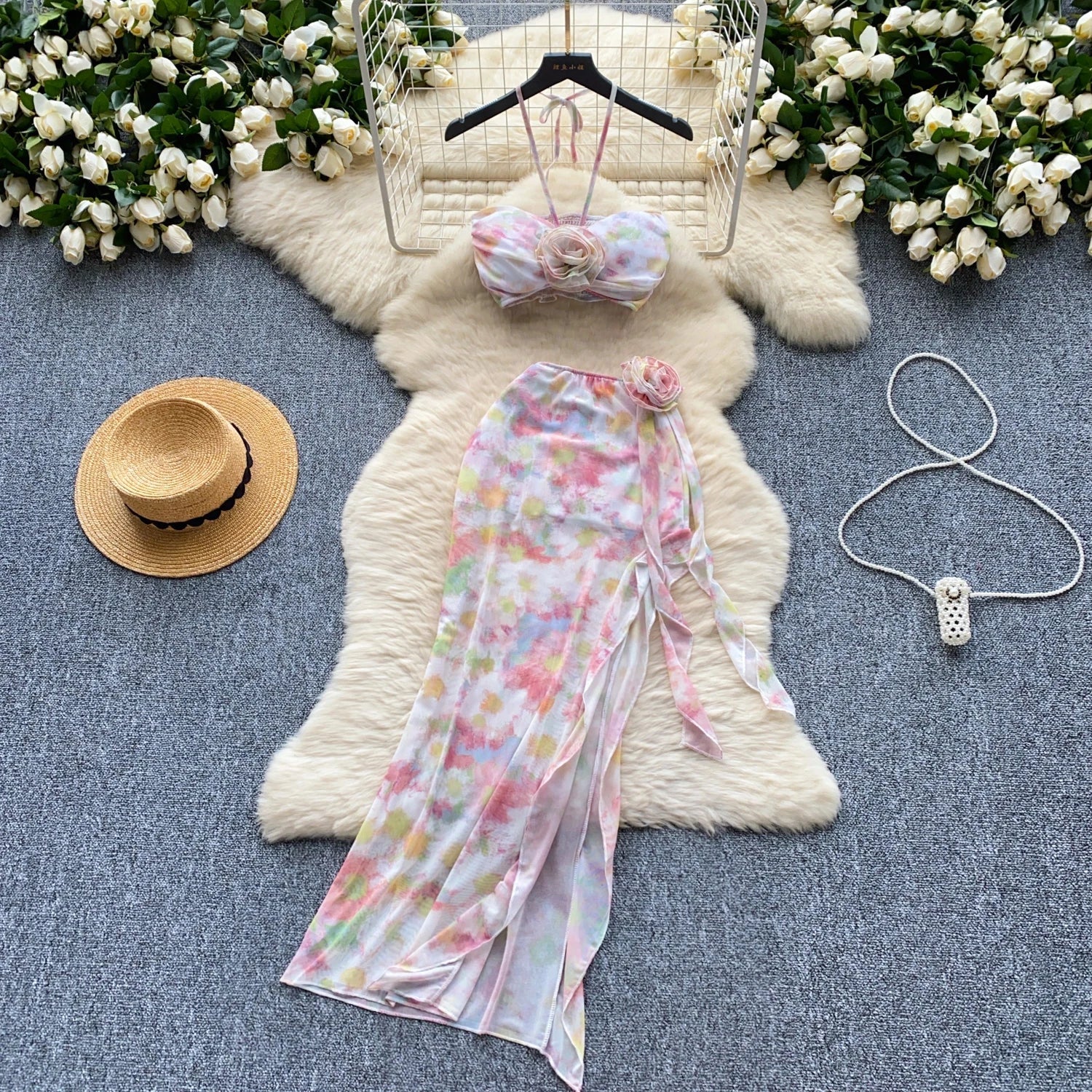 Flower Strapless Halter Tank Top and Split Ribbon Skirt Two Piece Set