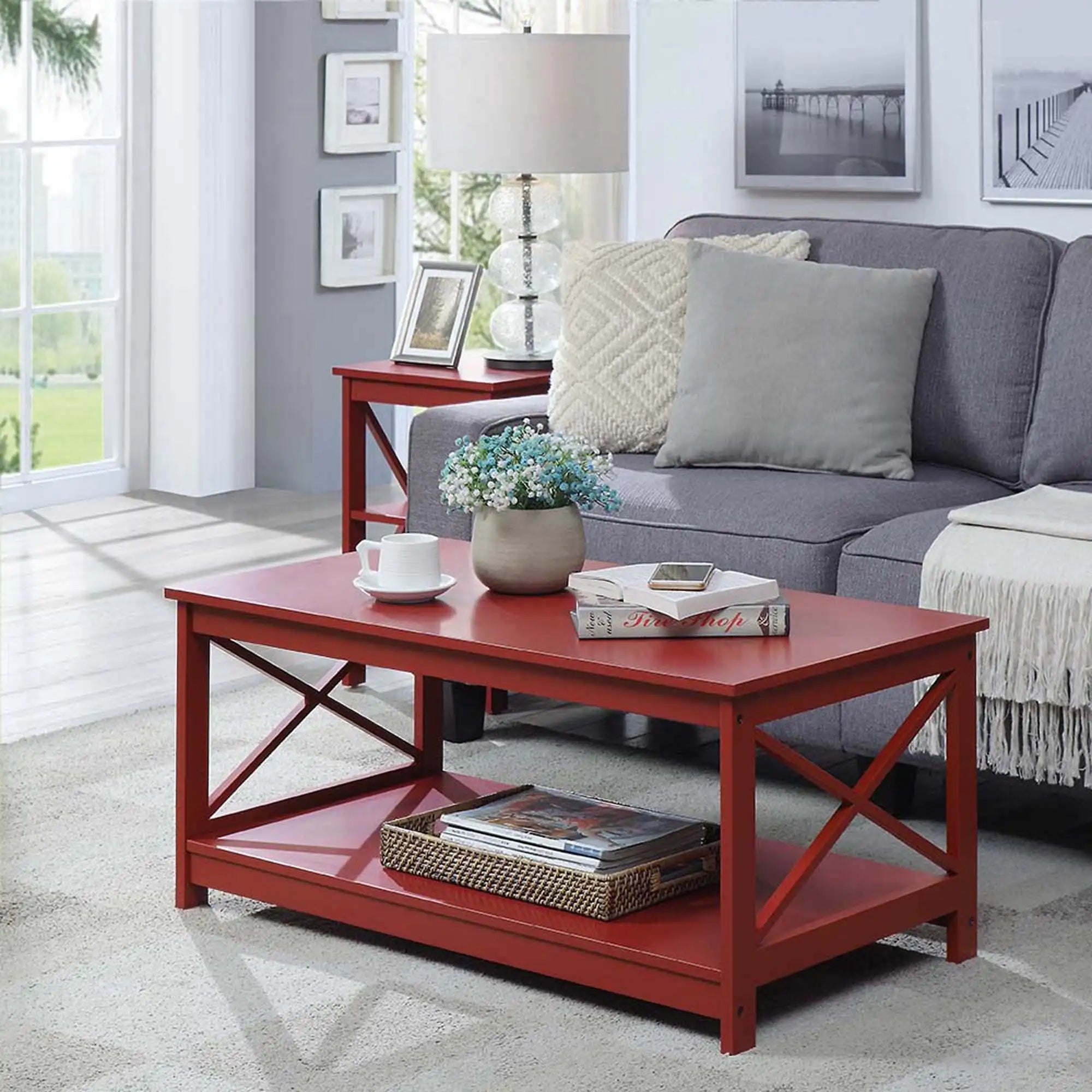Oxford Coffee Table with Shelf, Transitional & Coastal Style,Two Tiers of Spacious Shelving