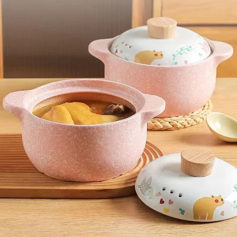 Ceramic Casserole Korean Cartoon Ceramics Soup Pot Cute Pink Saucepan Cookware Utensils Clay Pan Home Kitchen Cooking Supplies