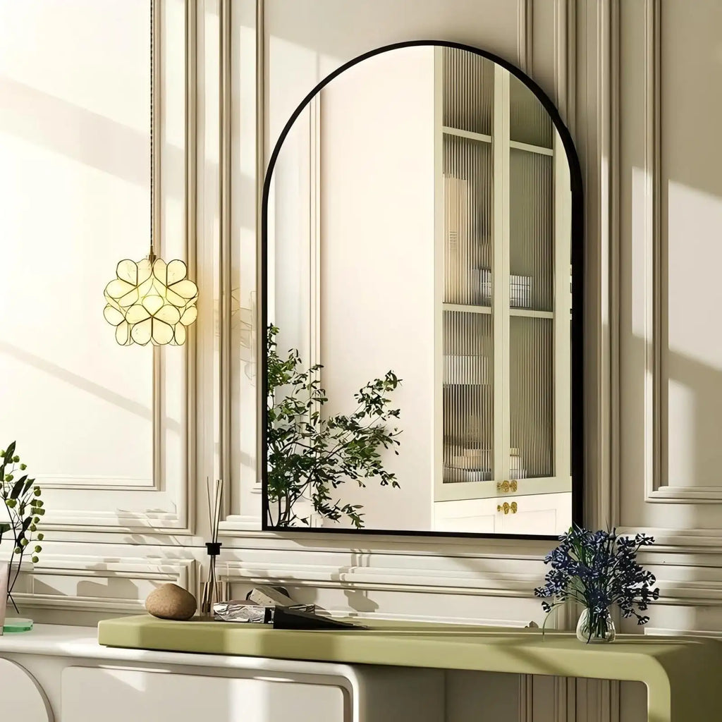 Wall Mounted Vanity Mirror with Aluminum Alloy Frame, Black 16" x 24" Arch Bathroom