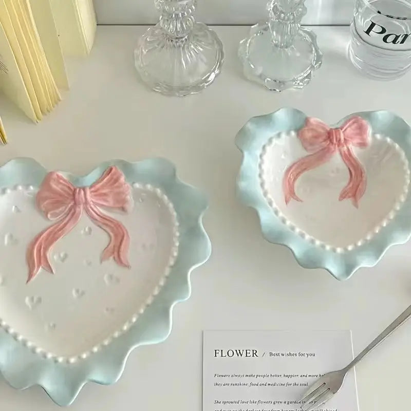 Cute Wave Edge Bow Knot Love Wave Dot Ceramic Lace Girl Tableware