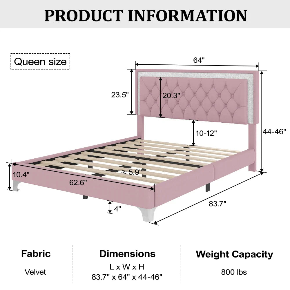 Three -Piece Upholstered Platform Bed Set with LED Lights and Nightstands Pink Velvet Foam-Filled Elegance & Ambiance Easy
