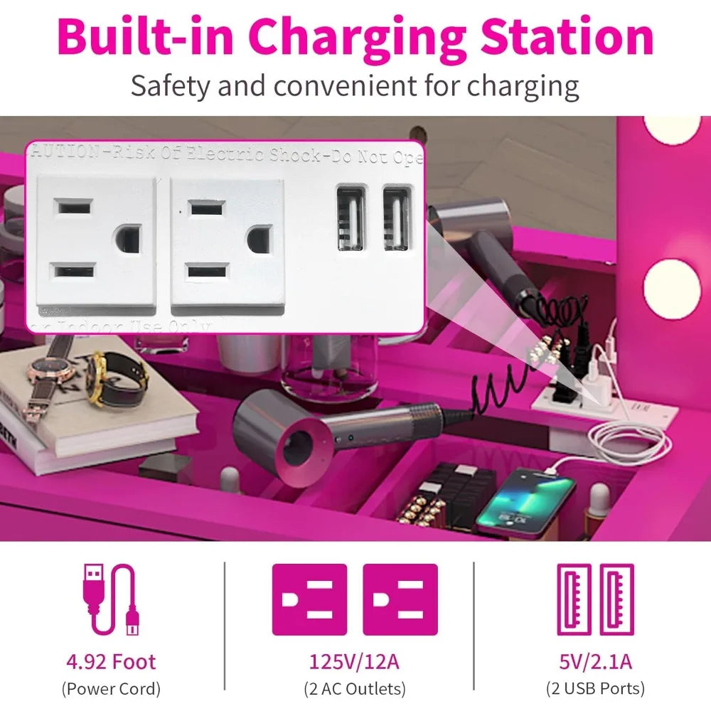 Makeup Table Vanity Desk with Mirror and Lights, Pink Makeup Vanity with  Stool, Drawers Mirror,Vanity Table with Stool