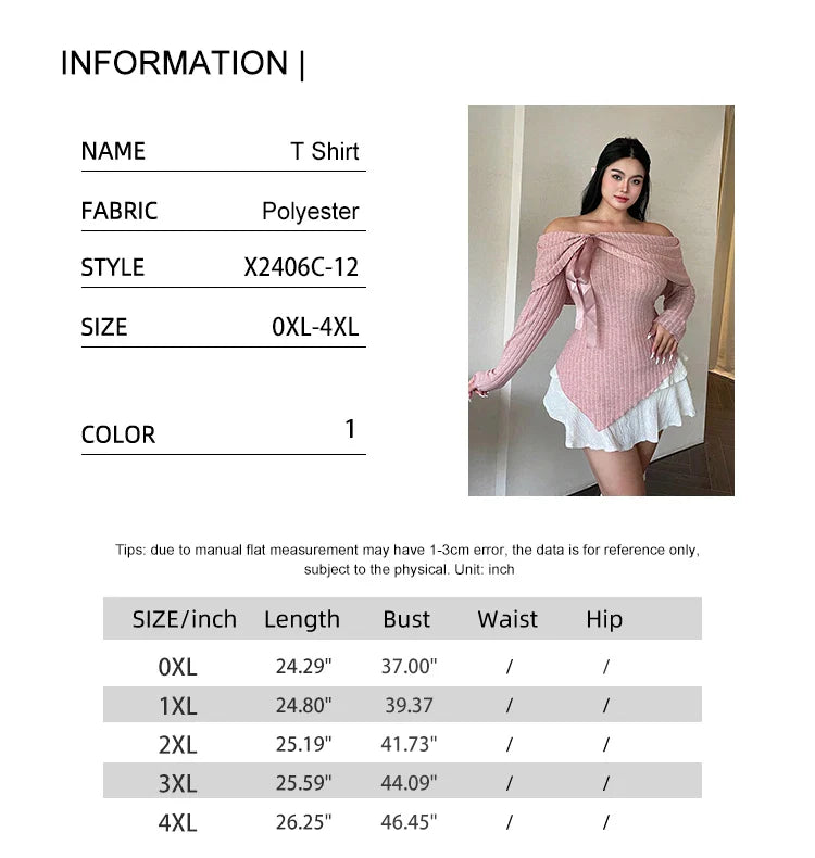 Plus Size Womens Solid Colour Strapless Long Sleeve Simple T Shirt Spring Daily Casual Dress Up Cute Wind Pure Colour Polyester