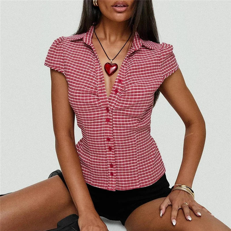 Women's Summer Retro Casual Plaid Short Sleeve Top Fashion Trim Top Summer Fashion Slim Fit Shirt Blouse Streetwear