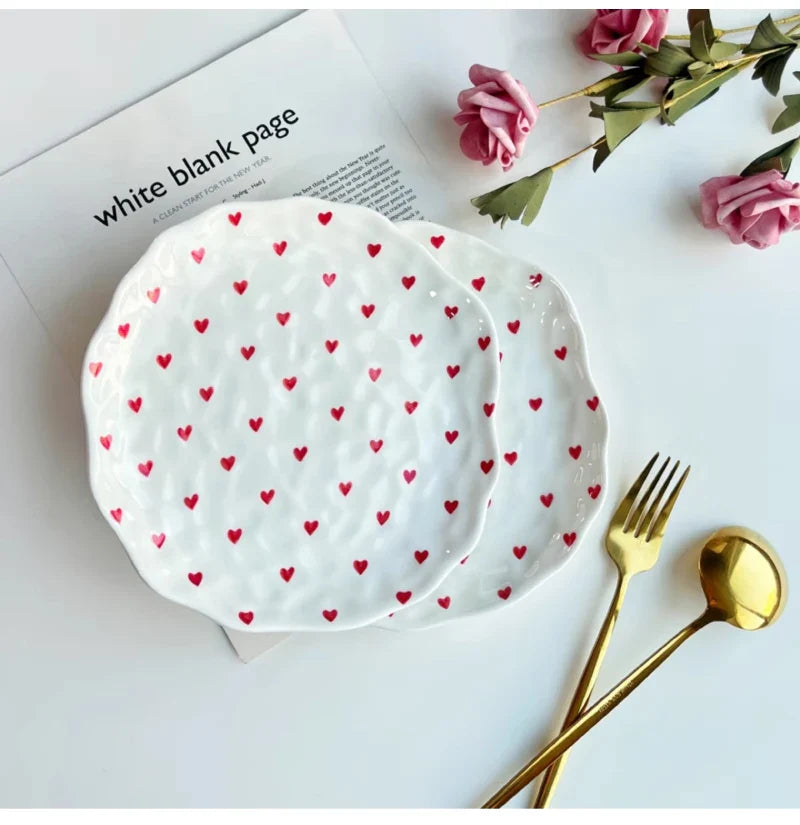 Red Hearts Ceramic Hand-Made Irregular Shaped Porcelain Plates