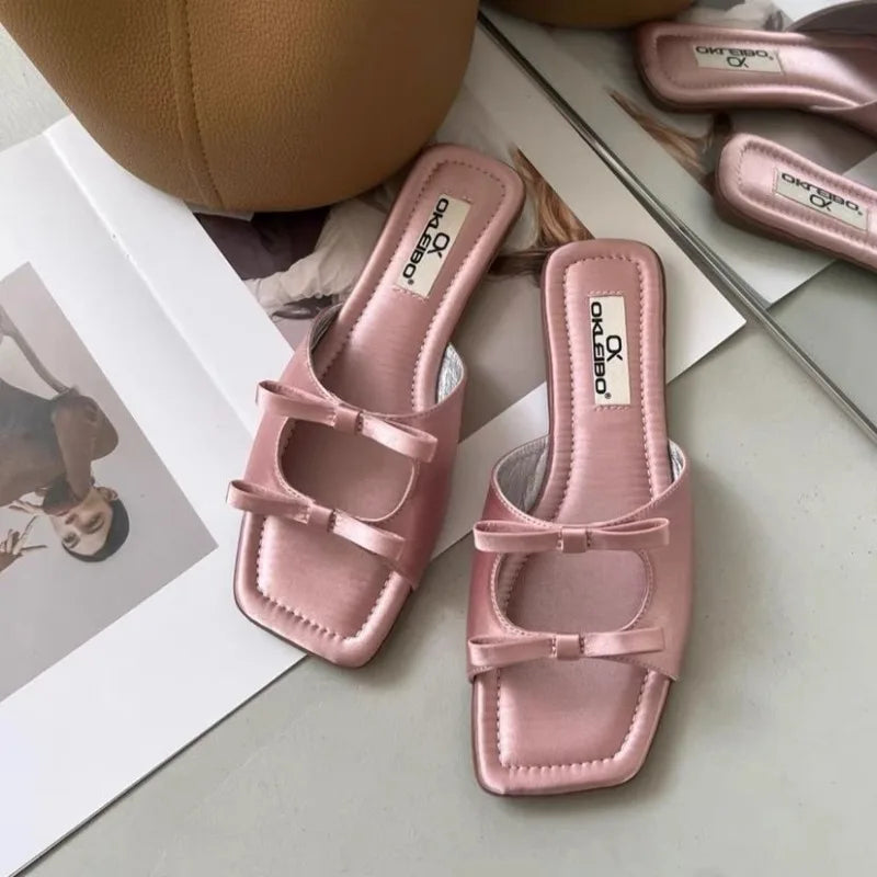 Women Bow Flat Open Toe Flat Slippers