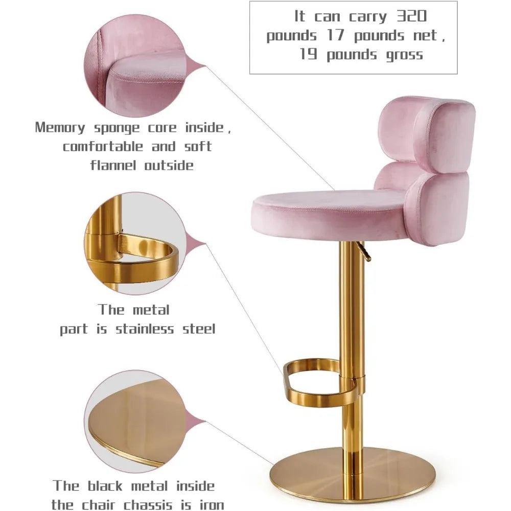 Velvet Bar Stools Modern Swivel Adjustable Height Kitchen Counter Bar Stools with Footrest for Living Room Dining Room