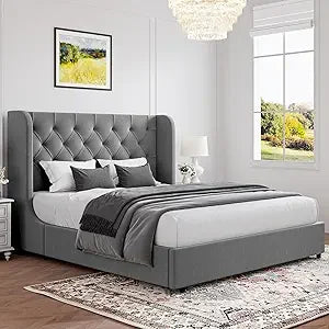 Full Size Bed Frame, Upholstered Bed Frame with Tufted Velvet Headboard and Wide Wingback, Sturdy Wooden Slats Supports