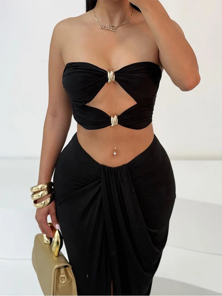 Sexy Women 2 Piece Set Coquette Hot Hollow Pleated Mini Tanks+Cross Maxi Skirts