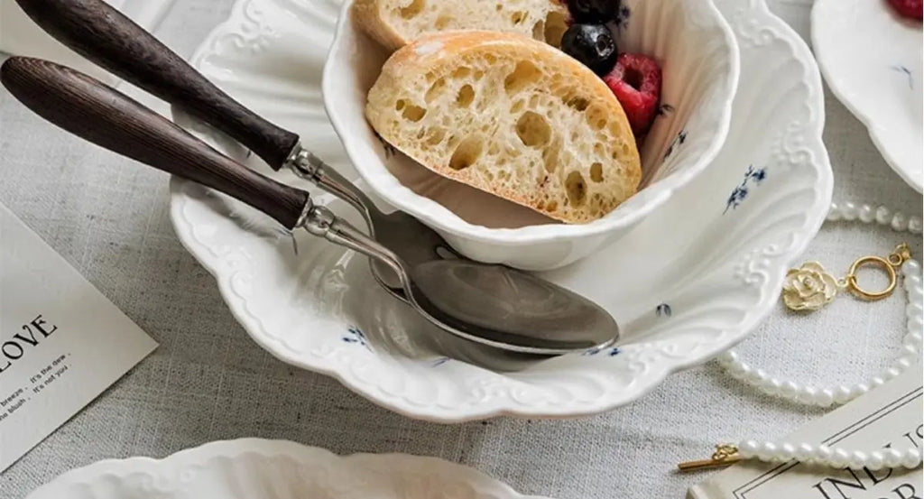 Ceramic Floral Bowl Dish Set Oval Plate New French Medieval High-end Cup Dish Set