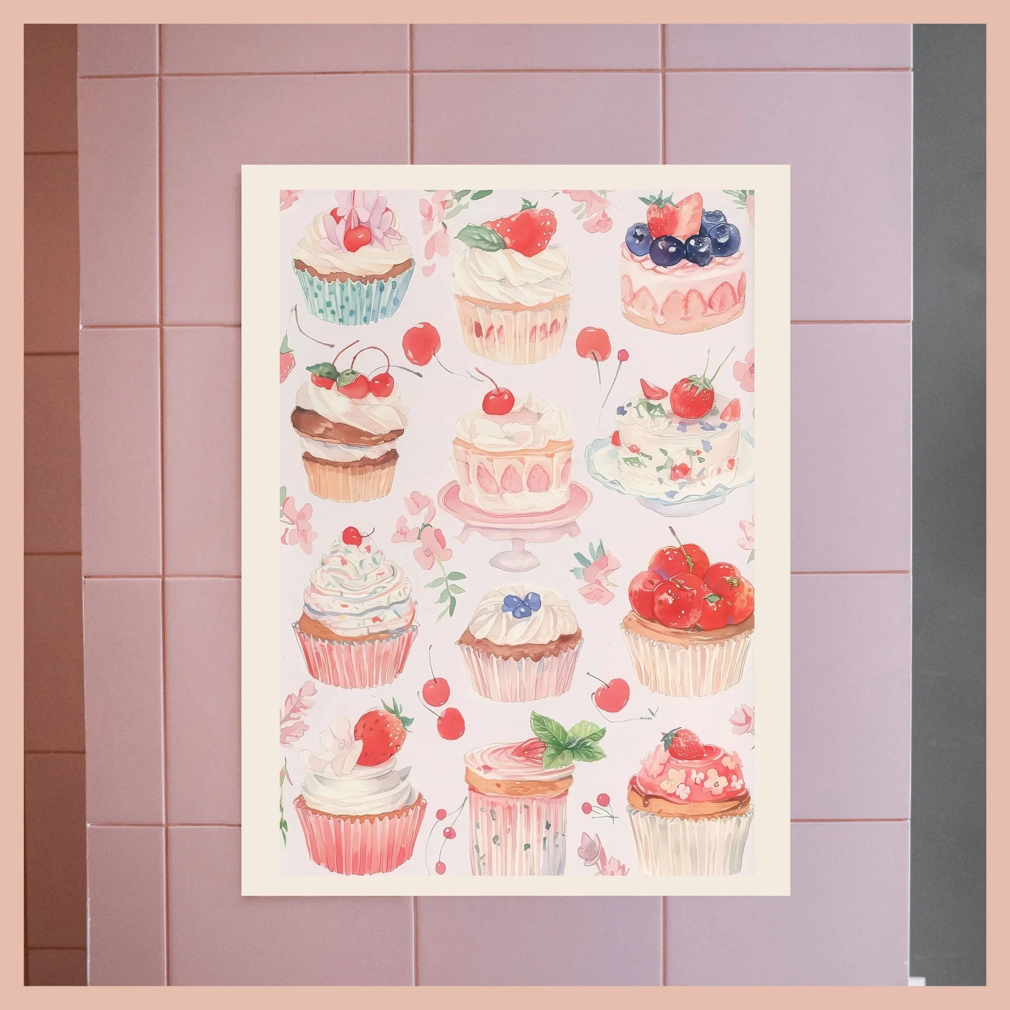 Retro Pink Cake Shop Dessert Gourmet Strawberry Cake Tea Poster Canvas Painting Prints Art Pictures Wall Decor
