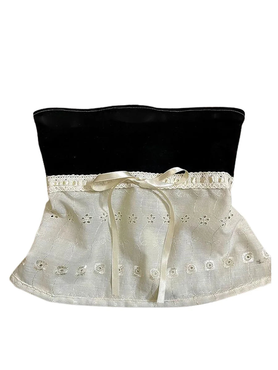 Women's Bandeau Top Kawaii Bow Lace Frill Strapless Tube Tops Summer Sexy Off Shoulder Backless Tie-up Vest Y2k Streetwear