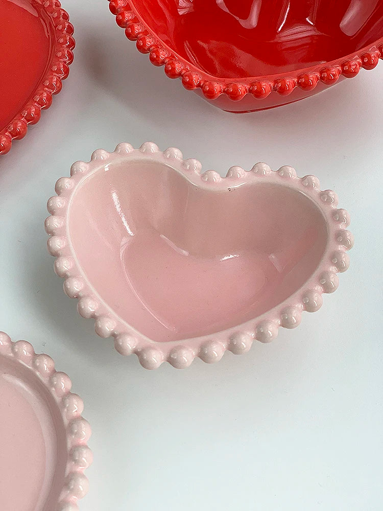 Porcelain Red Pink Bead Dots Ceramic Heart Dinner Plate Tableware
