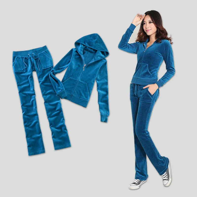Solid Color Velvet Tracksuit For Women Two Piece Spring Women's Sweatshirt and Trousers Set