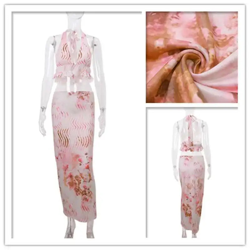 Sexy Party Two Piece Set Deep V Crop Top Midi Skirts Bodycon 2 Pieces Set