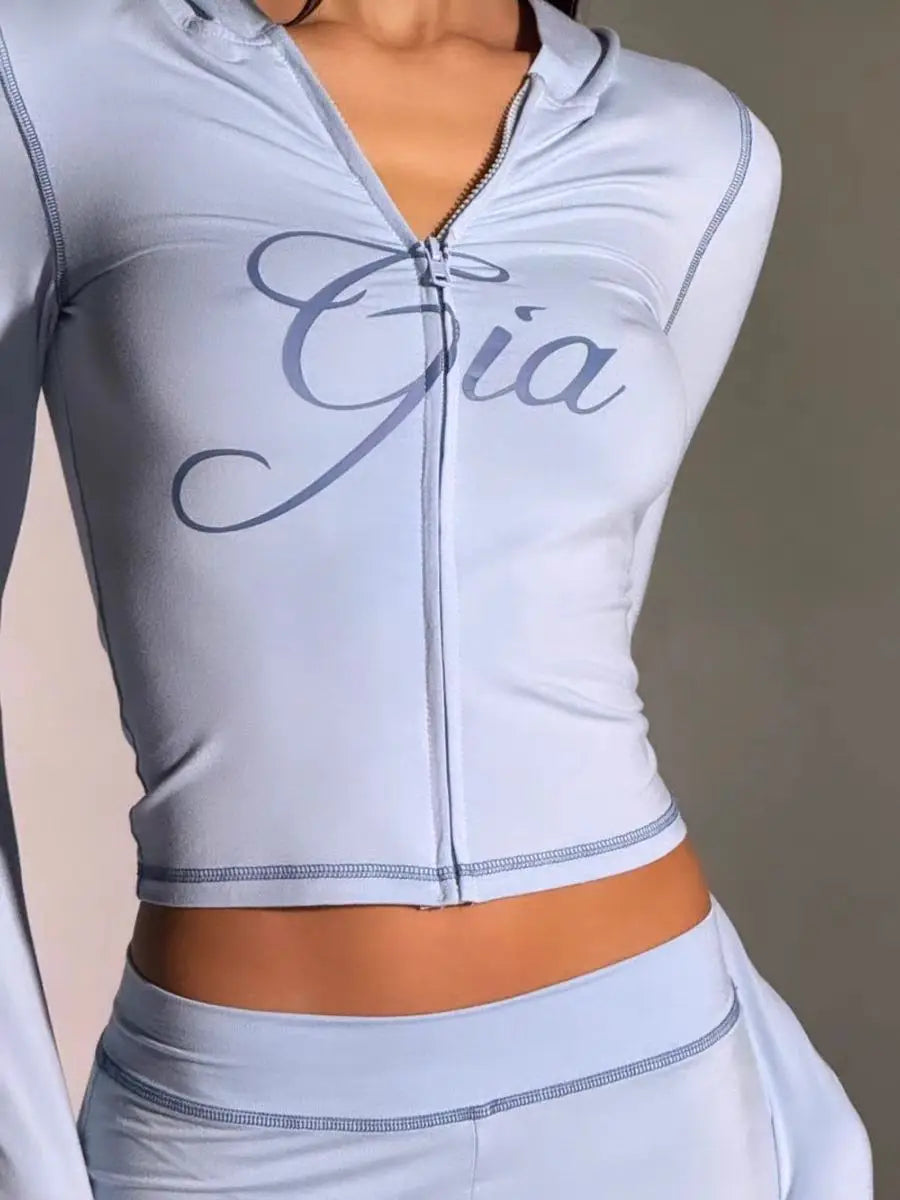 So Y2K Blue Cotton Zipper Hooded Long Sleeved High Stretch Top Low Waist Micro Flared Pants For Women