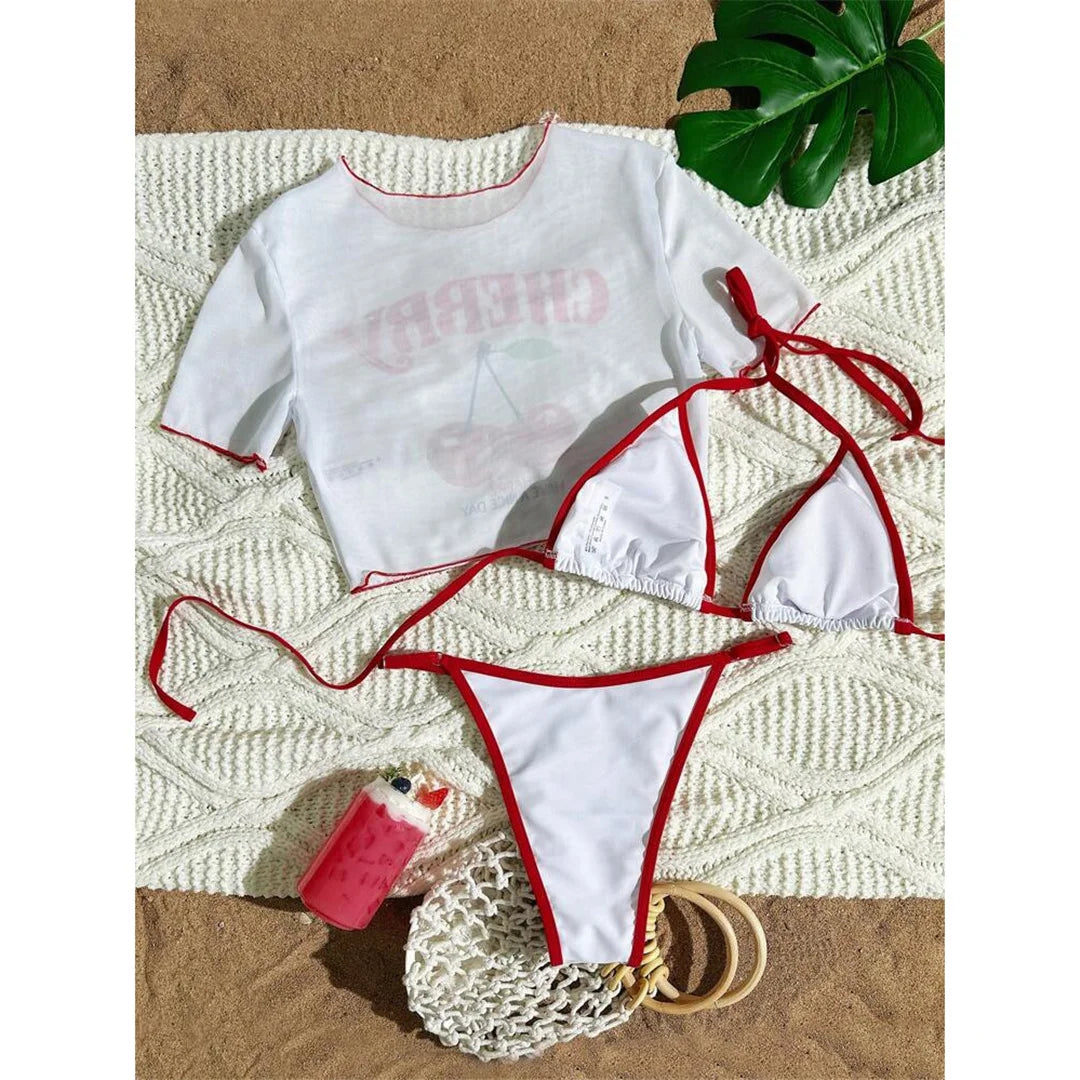 Cherry Printed Short Sleeve Bikini Female Swimsuit Women Swimwear Three-pieces Bikini Set
