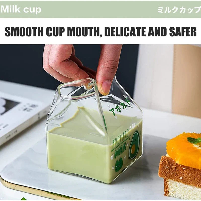Kawaii Square Milk Carton Glass Cup Heat Resistant Cute Strawberry Peach Breakfast Cup Pudding Cup 380ml