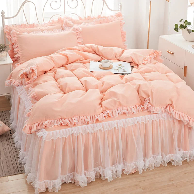 Princess Girl Pink Bedding Skirt Sheet With Lace Solid Color Bed Cover Pillowcase Decor Bedroom