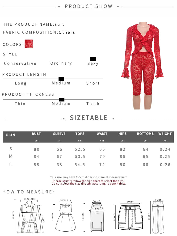 Jacquard Sexy Women 2 Piece Set Coquette Full Sleeve Ruffles Crop Tops+Bike Shorts Outfit