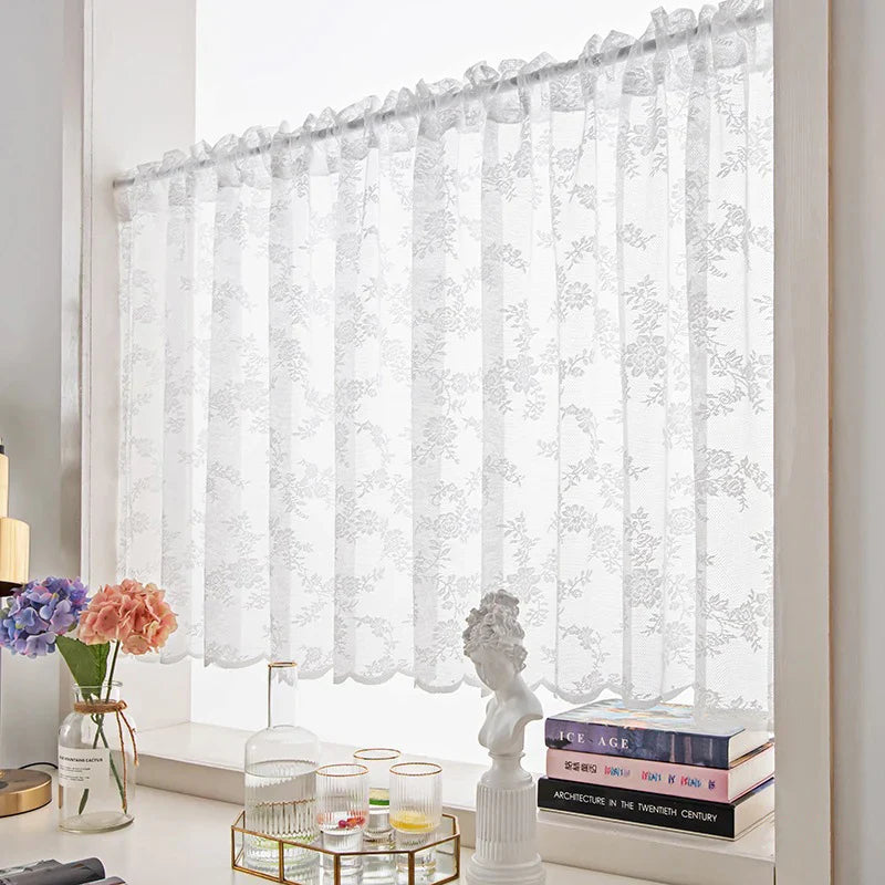 White Flower Lace Short Curtains with Wavy Lace Half Curtain
