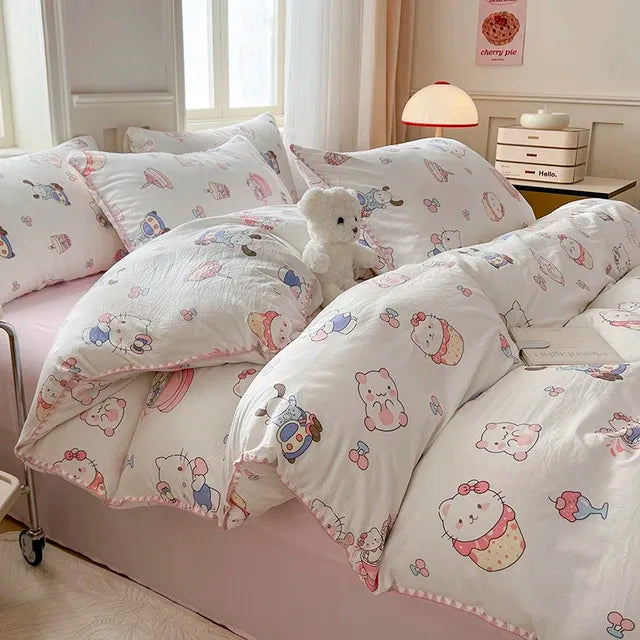 Tulip Double Layer Yarn Quilt Cover Bed Sheet Pillowcase Bedding Set Girls Duvet Cover Set No Filler
