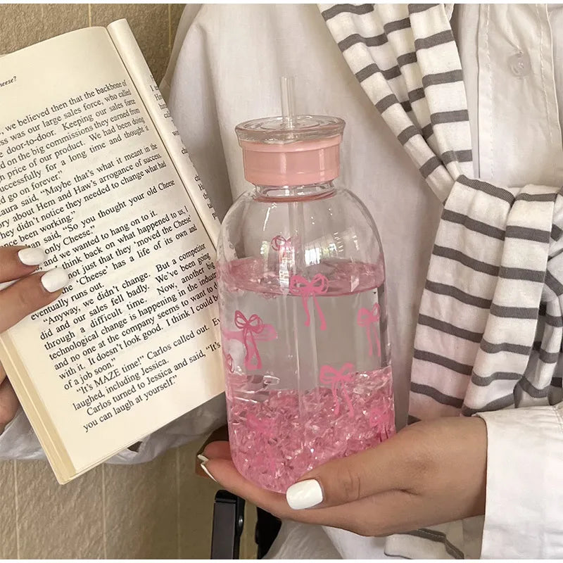 Cute Bow Plastic Bottle Ice With Straw Lid Sweet High-value Bow Cup Portable Cup