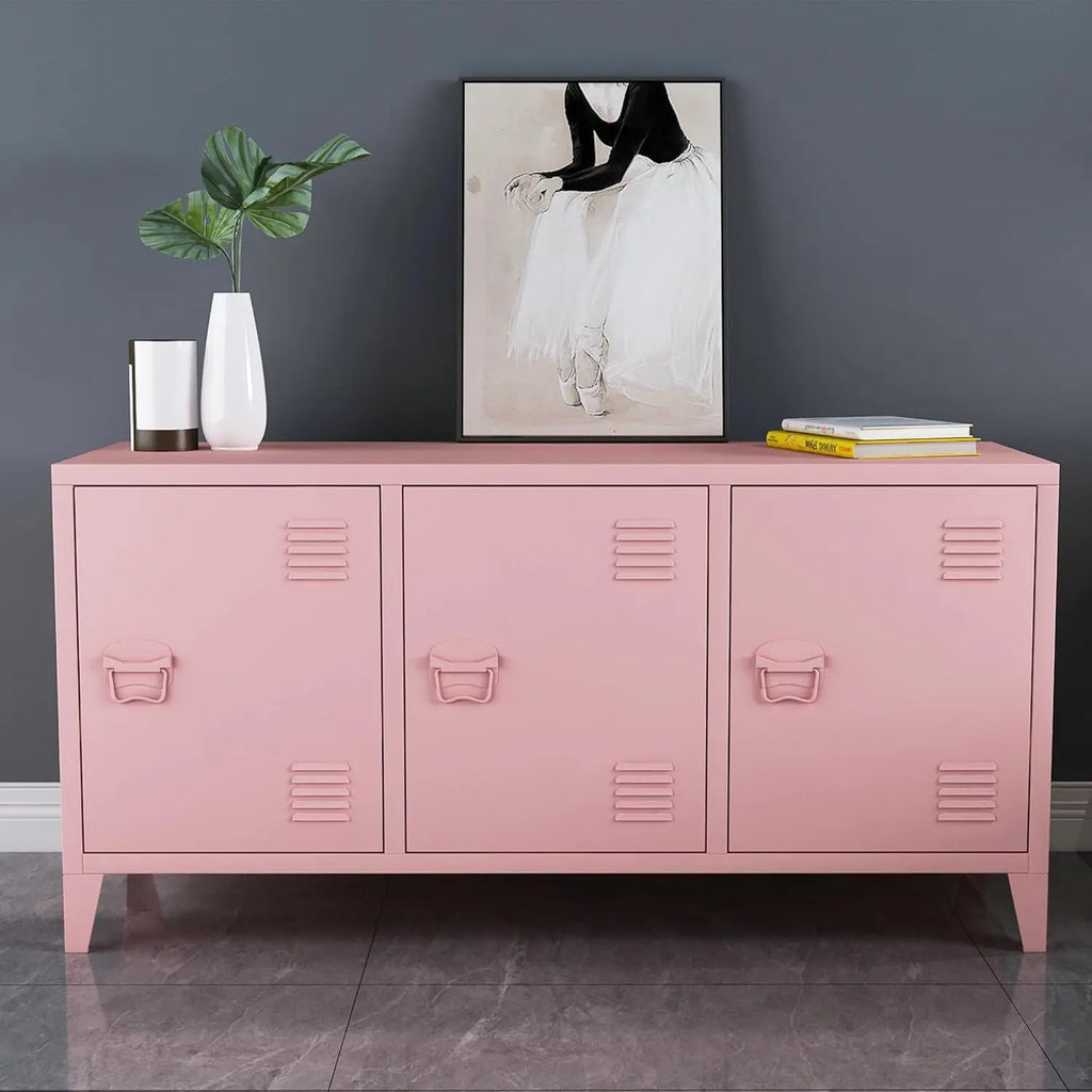 Pink TV Stand Metal TV Table With Storage Steel 3 Door Locker Cabinet For Living Room