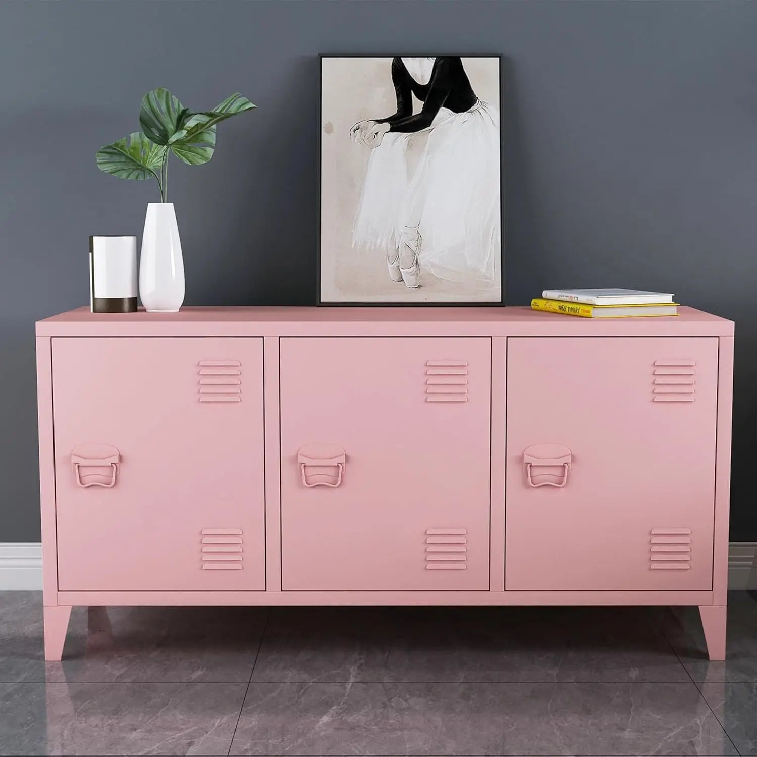 Pink TV Stand Metal TV Table With Storage Steel 3 Door Locker Cabinet For Living Room