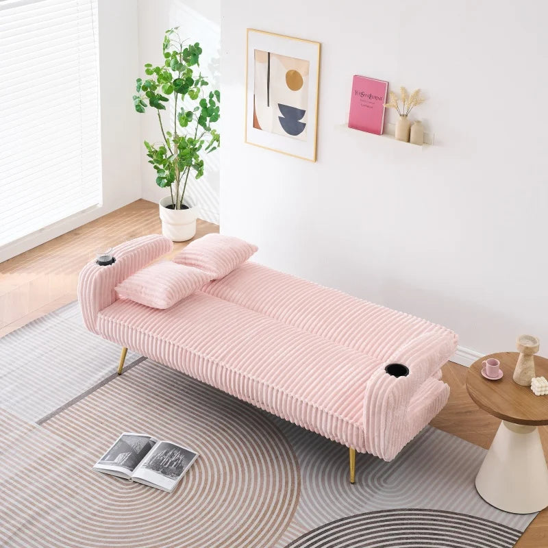 Dreamy Adjustable Pink Sofa Bed with Cup Holders Modern Comfort Corduroy Lounge Couch for Living Room Home Minimalist Loveseat