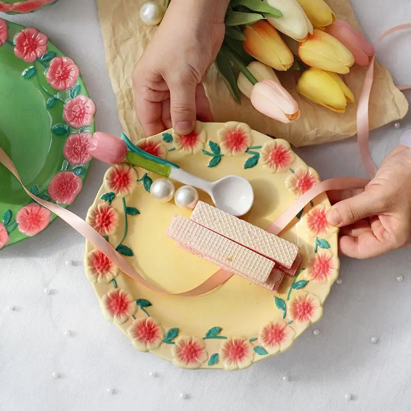 Flower Plate Embossed Small Flower Dessert Plate Ceramic Plate Under Glaze Colored Hand-painted Tableware